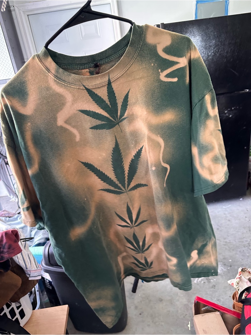 Green and Tan Tie-Dye Tee with Leaf Graphic